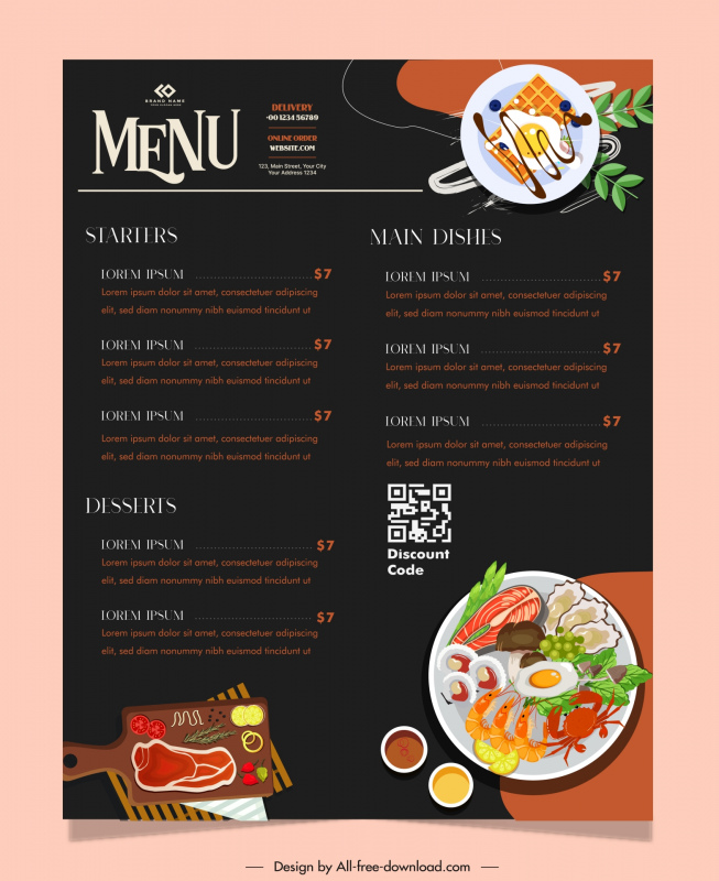 moody food menu template elegant contrast food dishes