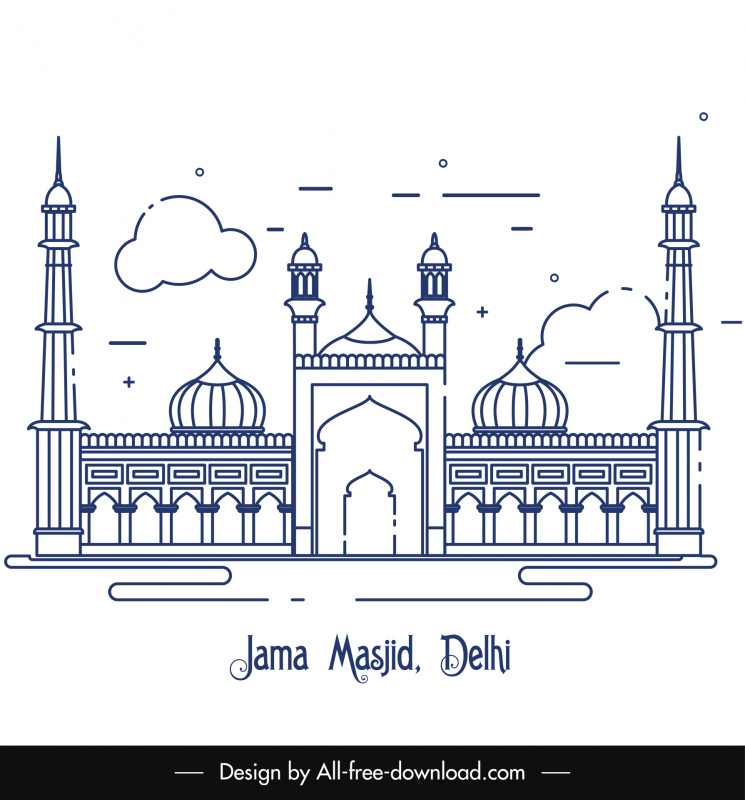 mosque islam jama masjid delhi architecture background flat symmetric classic outline 