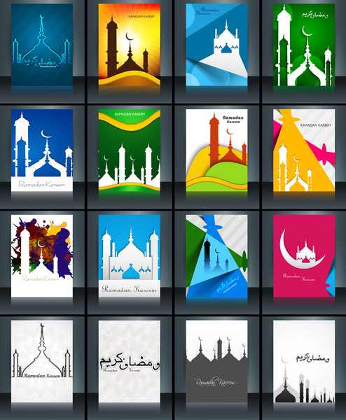 mosque with colorful eid mubarak brochure reflection collection card set template beautiful vector