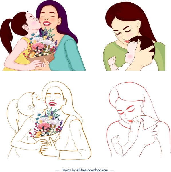 mother day icons affection symbol design handdrawn sketch