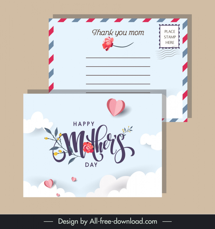 mother day postcard template sky elements flowers hearts decor