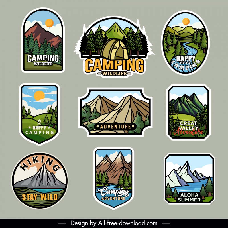 mountain camping adventure labels collection handdrawn classic scene
