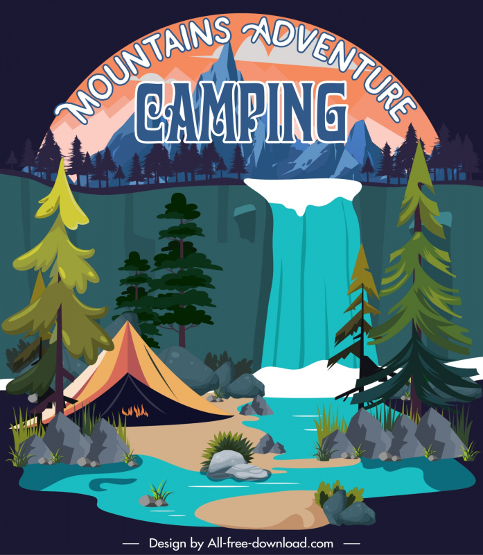 mountain camping advertising banner tent cascade forest scene 