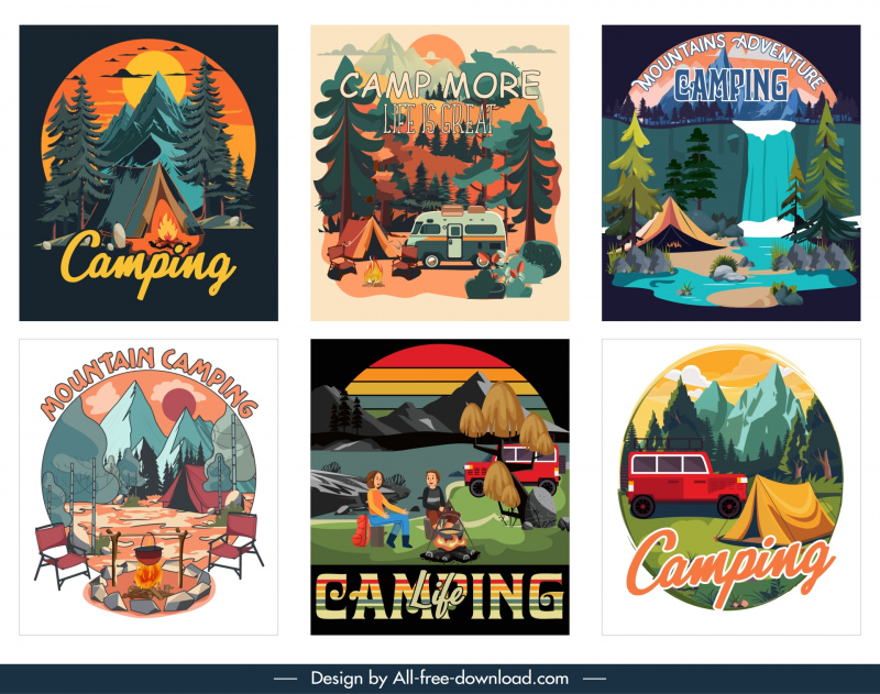 mountain camping advertising banners collection classic cartoon 
