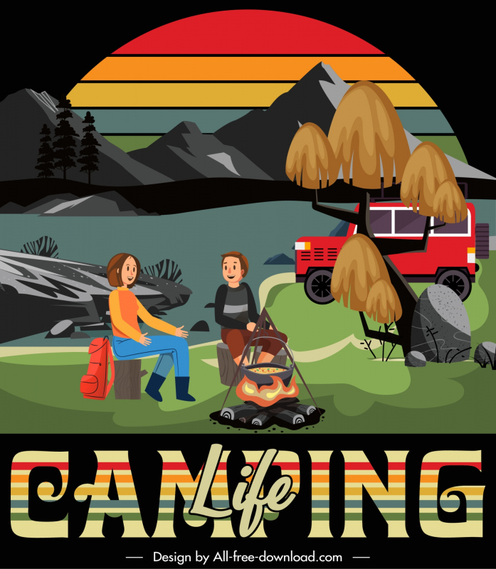 mountain camping advertising poster template cute cartoon