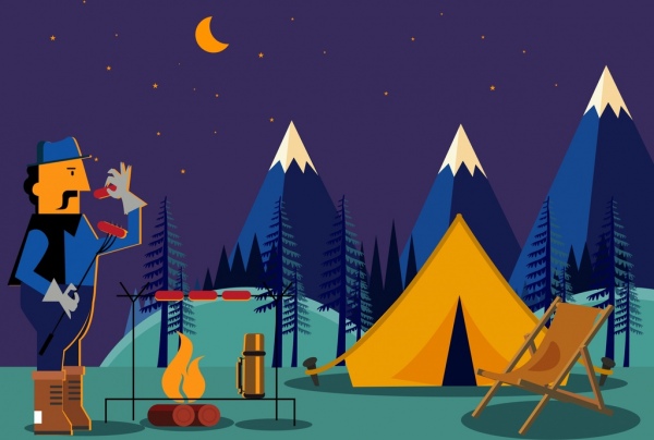 mountain camping drawing man campfire tent icons