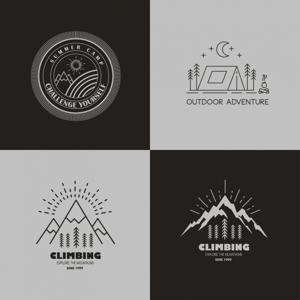 mountain camping logotypes black white sketch