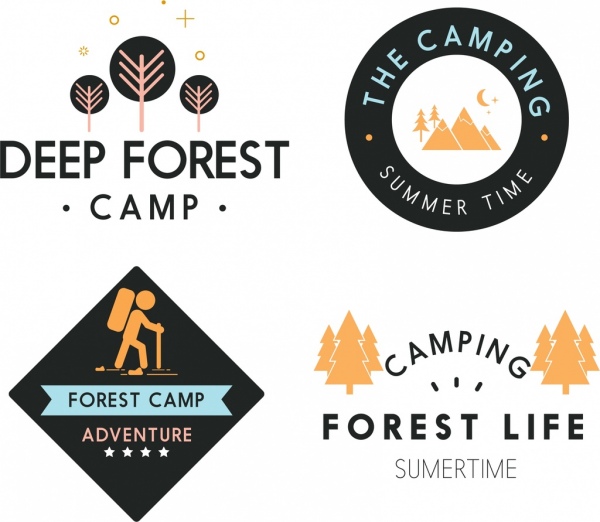 mountain forest camping logotypes various colored flat icons