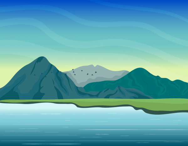 mountain lake scene painting colored cartoon design