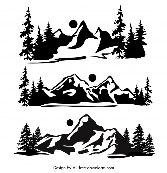 mountain scene icons black white handdrawn retro design