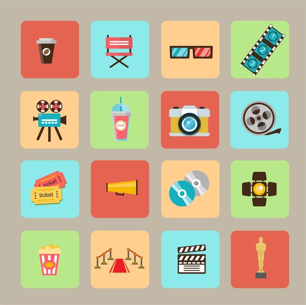 movie and cinema symbols isolated with various types