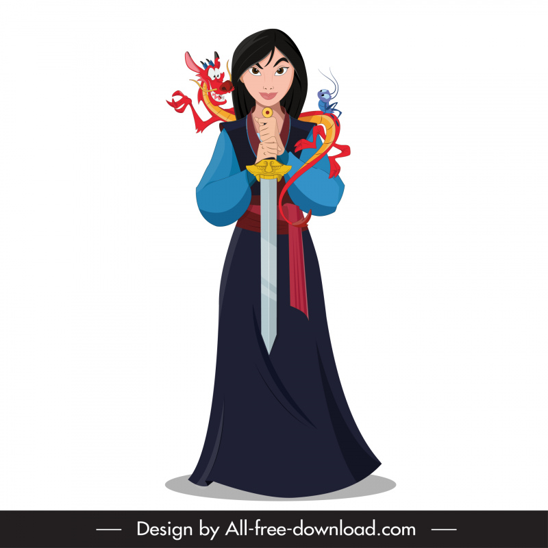 mulan character icon lady with sword dragon sketch cartoon design
