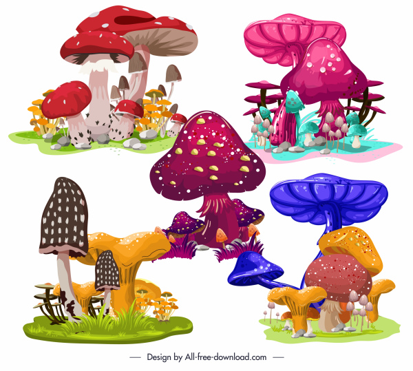 mushroom icons colorful design growth sketch