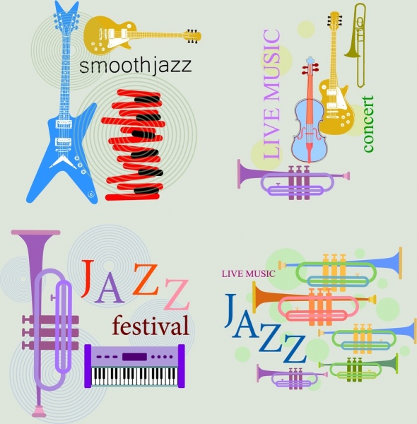 music background sets various instruments icons colored flat