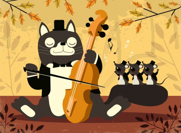 music background stylized cat mice icons cartoon design