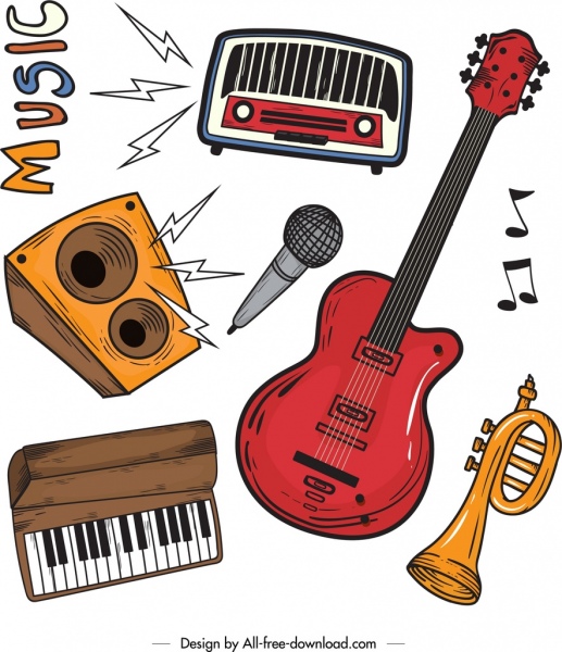 music design elements instruments icons colored retro design