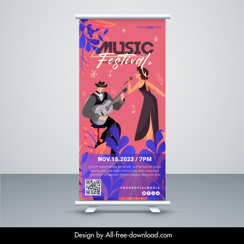 music festival banner template cartoon characters sketch