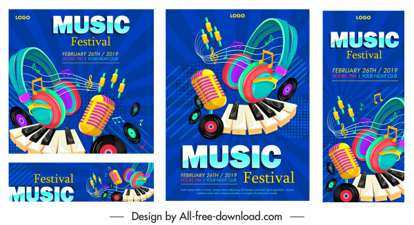 music festival banners colorful eventful design instruments icons