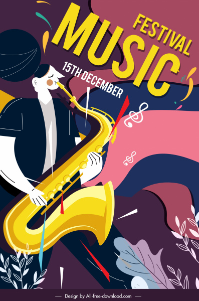 music festival poster saxophonist sketch colorful classic design