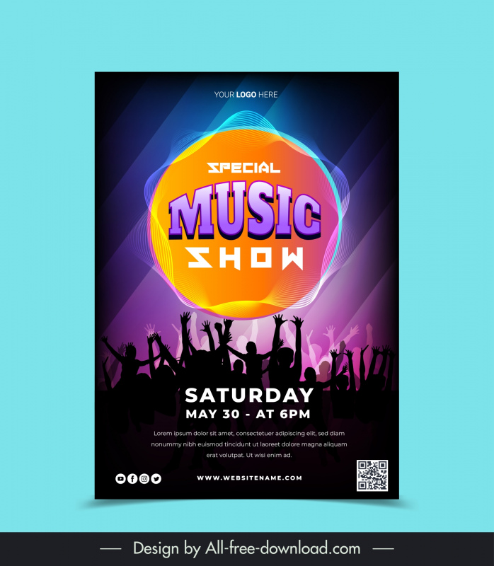music festival poster template dark silhouette dynamic excited audience 
