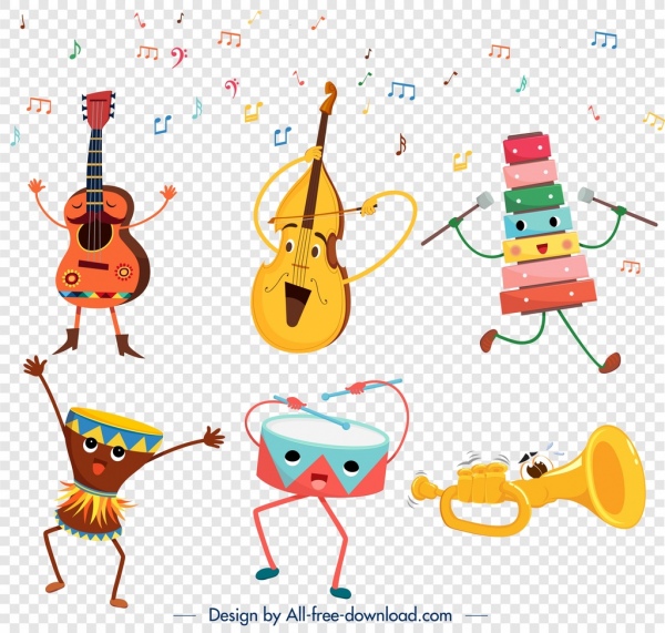 music instrument icons cute stylized cartoon characters