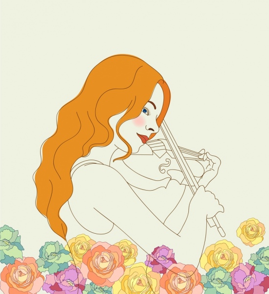 music painting female violinist icon sketch roses decoration