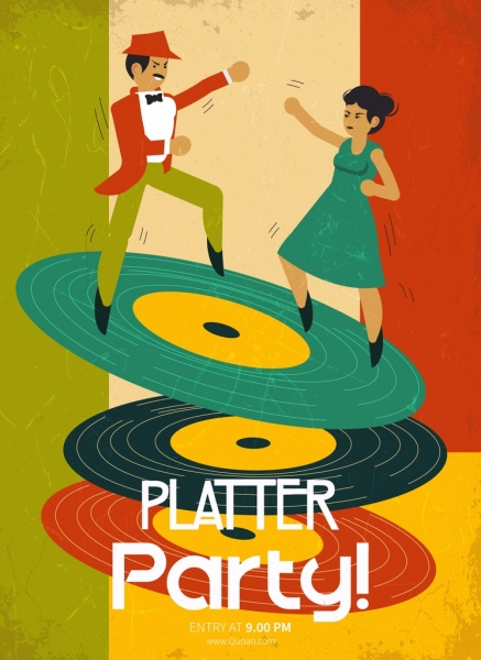 music party banner dancers disc icons retro design