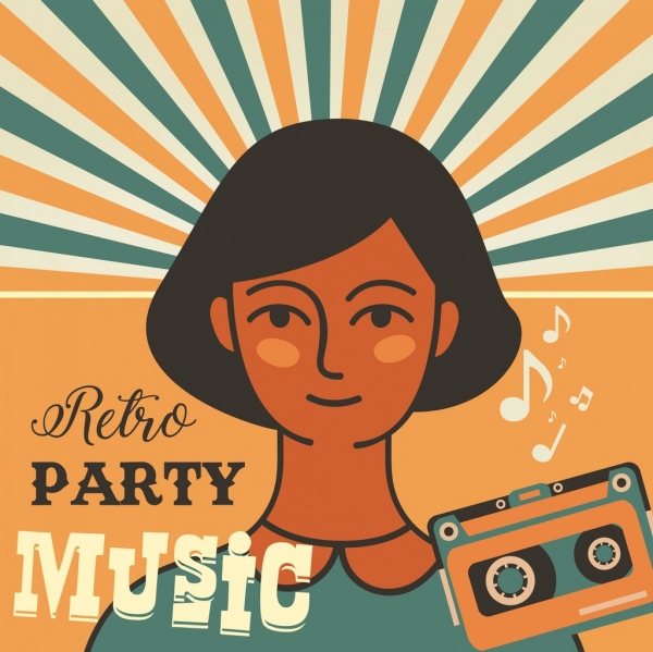 music party banner girl cassette icons retro design