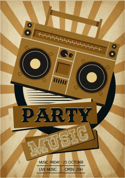 music party banner retro radio icon rays decor