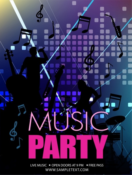 music party banner singers silhouettes music notes icons