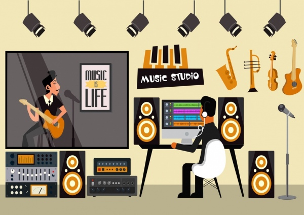 music studio background men instruments icons cartoon design 