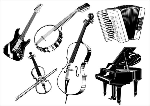 music instruments icons 3d black white sketch