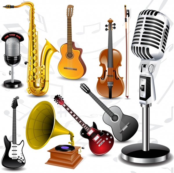 music instruments icons shiny colored modern 3d
