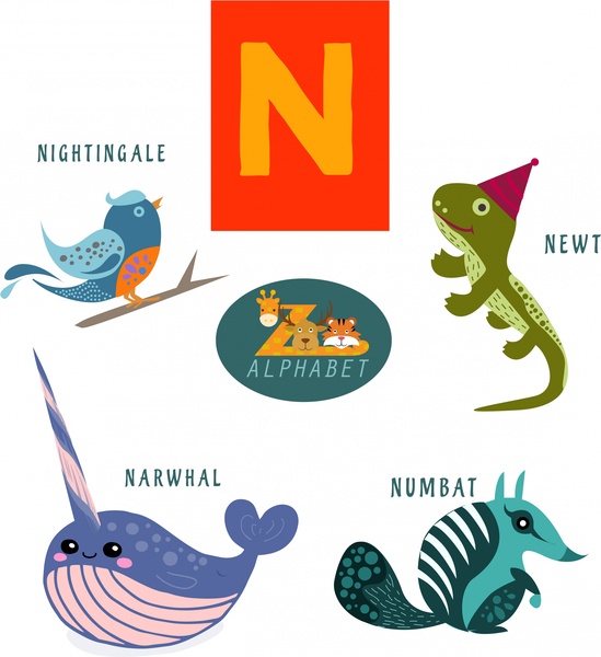 n letter design with colored flat style animals