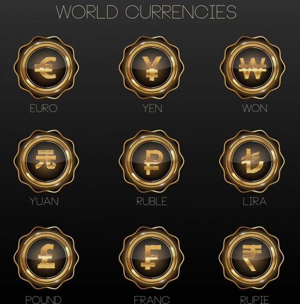nations currency icons shiny yellow circle design