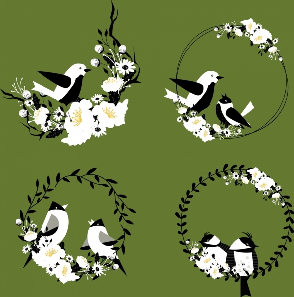 natural decorative design elements bird flowers wreath icons