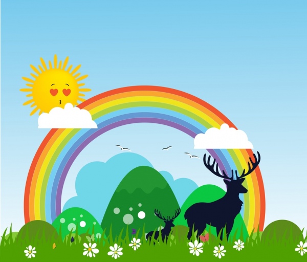natural landscape background reindeer silhouette rainbow sun icons