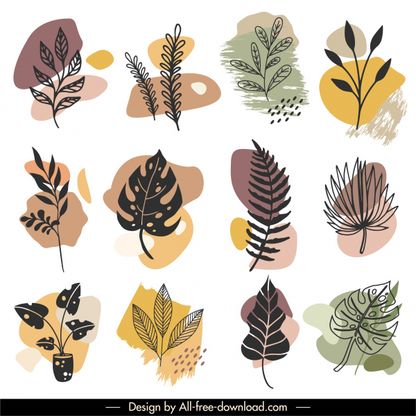 natural leaf icons classical handdrawn sketch