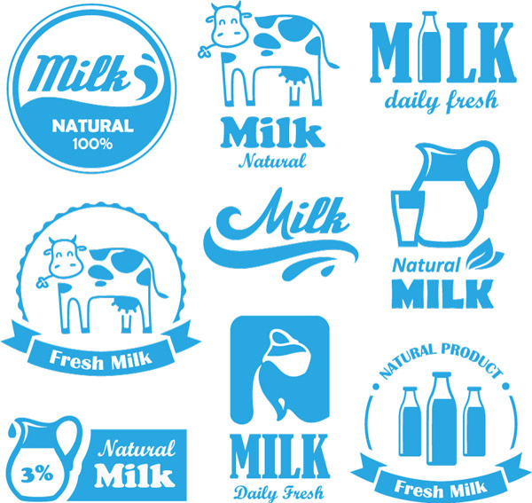 natural milk blue labels with logos vector