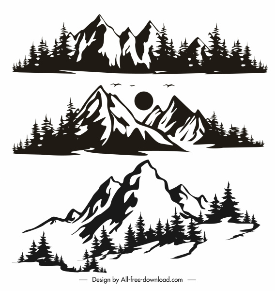 natural mountain range icons retro handdrawn sketch