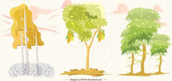 natural tree icons bright colored sketch