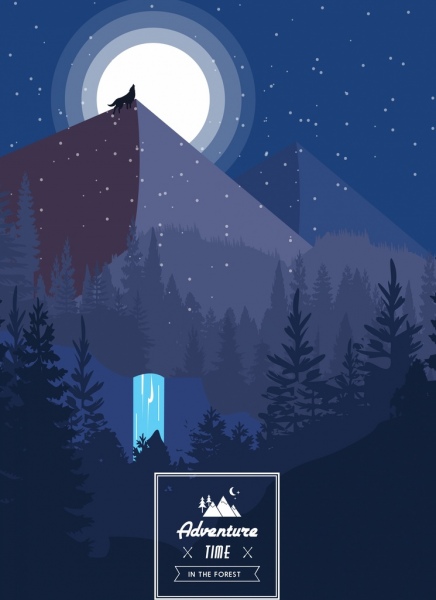 nature adventure banner moonlight mountain forest icons