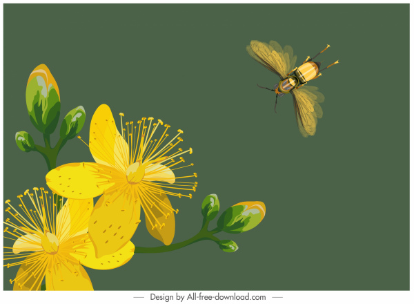 nature background blooming flower bee sketch colored classic