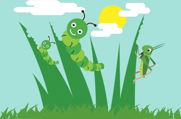 nature background grass worm grasshopper icons decoration 