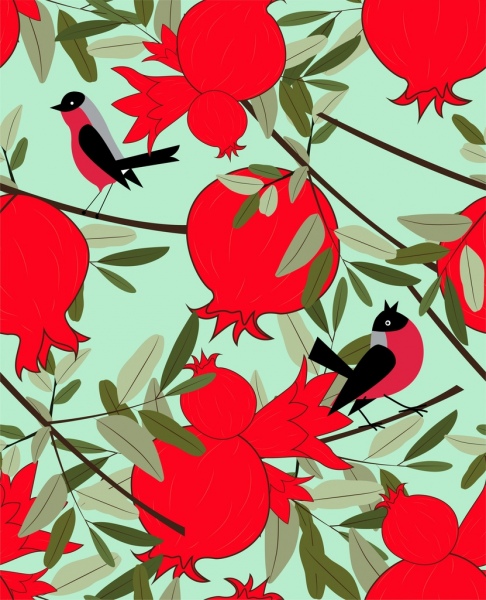 nature background pomegranate bird icons multicolored design