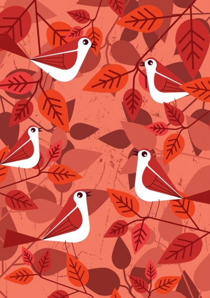 nature background red bird leaves icons decor