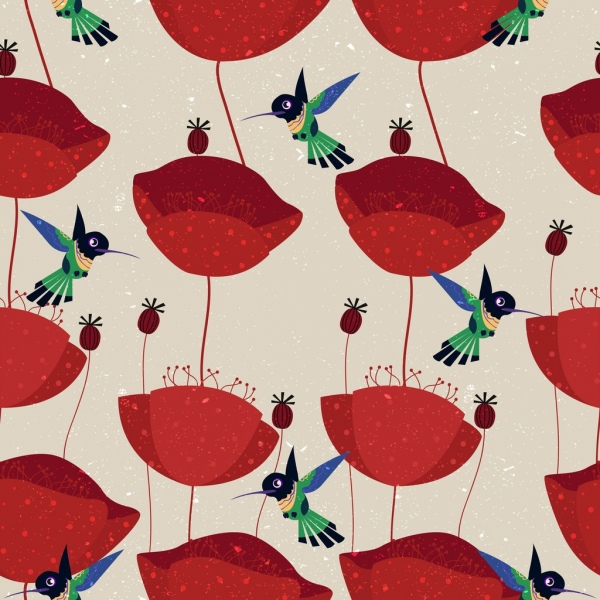 nature background red flower bird icons pattern