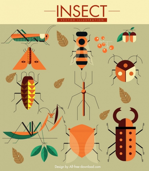 nature design elements grasshoppers bugs butterflies icons 