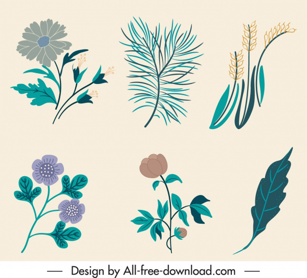 nature elements icons classic handdrawn floras leaves sketch
