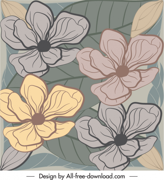 nature painting flat classical handdrawn flowers leaves